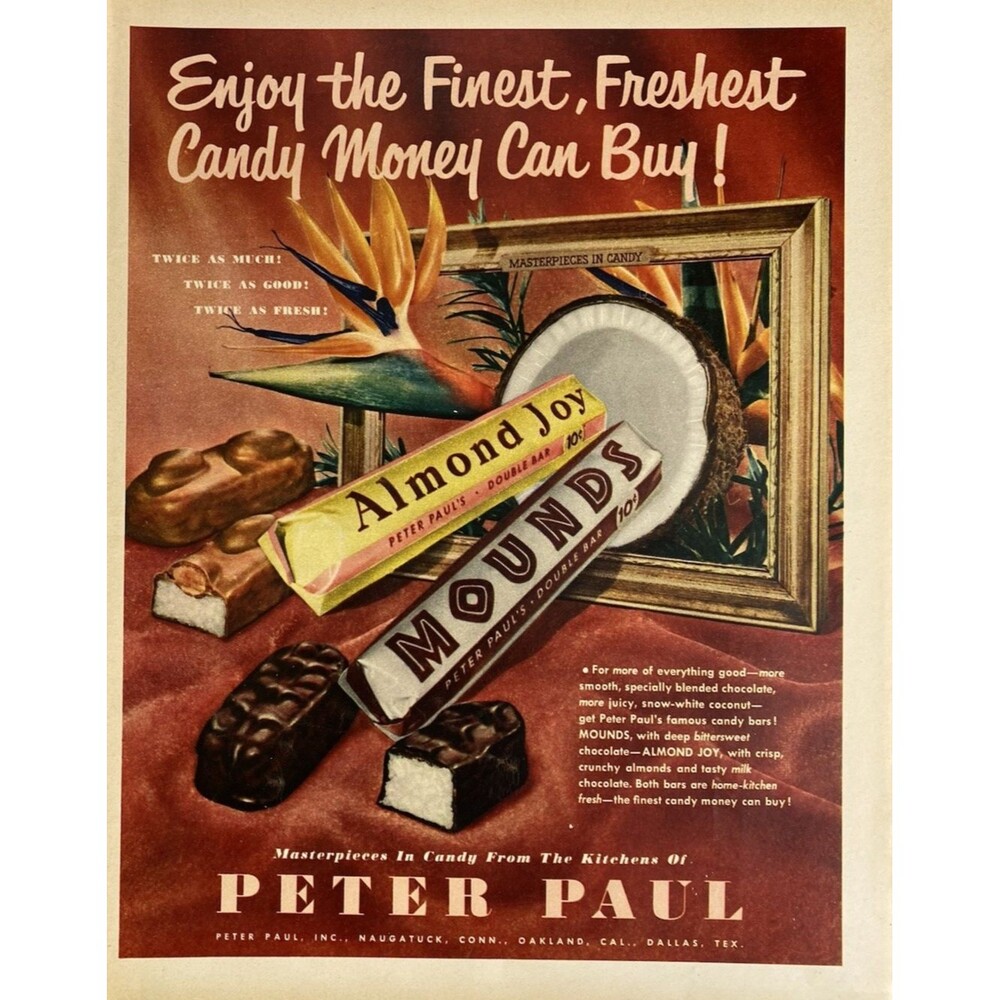 Peter Paul Candy Bars "Almond Joy & Mounds" Masterpieces Vintage Print Ad 1951